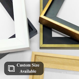 May include: Four different picture frames, including white, black, wood, and gold. The frames are arranged in a staggered pattern. The text "Custom Size Available" is displayed in the lower center of the image. The text "Arta Atelier" is displayed in the lower right corner of the image.