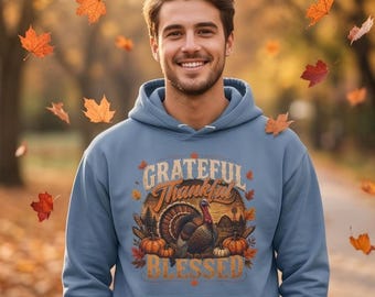 Thankful Hoodie, 100% Cotton Turkey Pumpkin Graphic | Lightweight Pullover