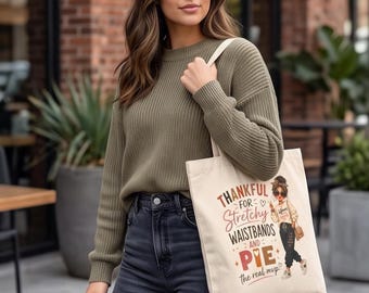 Thankful Tote Bag, Cotton Canvas Shopping Bag with Pie Illustration | 15x16 Inches
