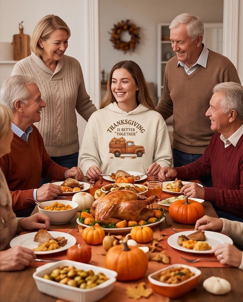 A woman wearing a cream-colored hoodie with a Thanksgiving truck graphic stands smiling at a family holiday dinner table.
