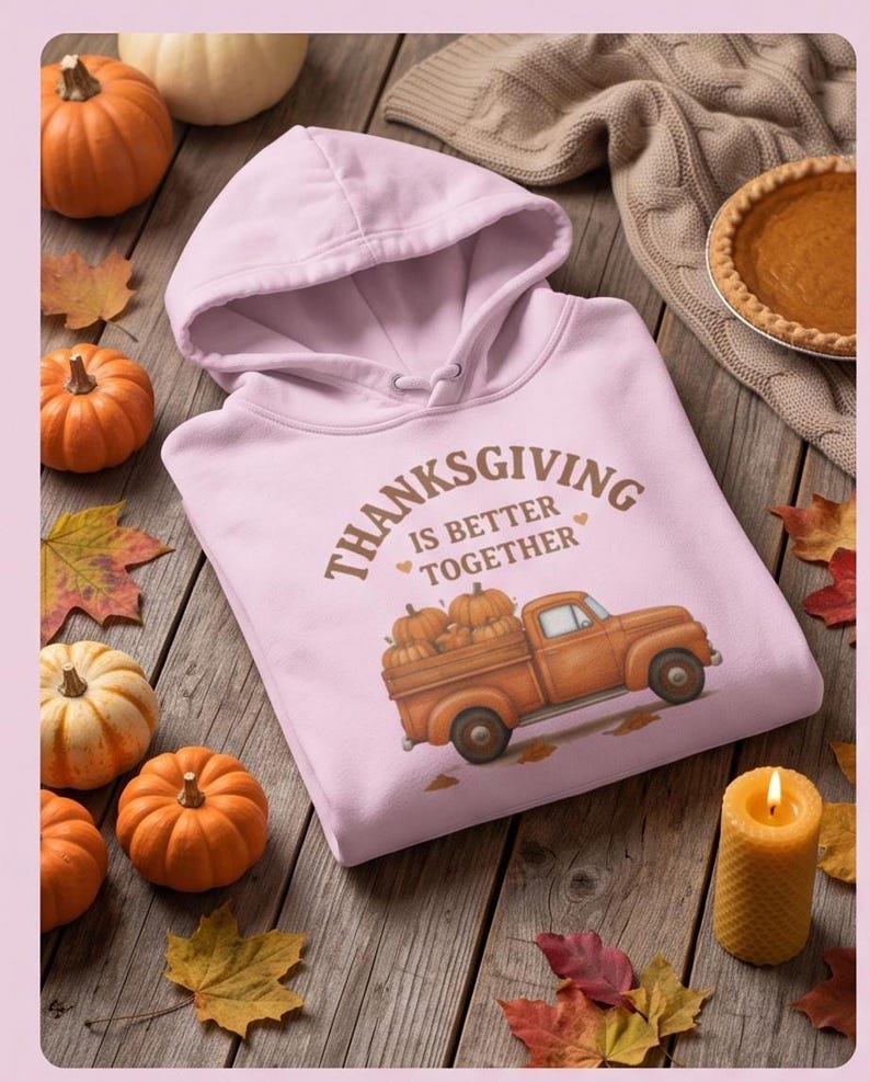 A light purple hooded sweatshirt with a Thanksgiving truck graphic is displayed on a wooden surface with small pumpkins, a candle, and a pie.