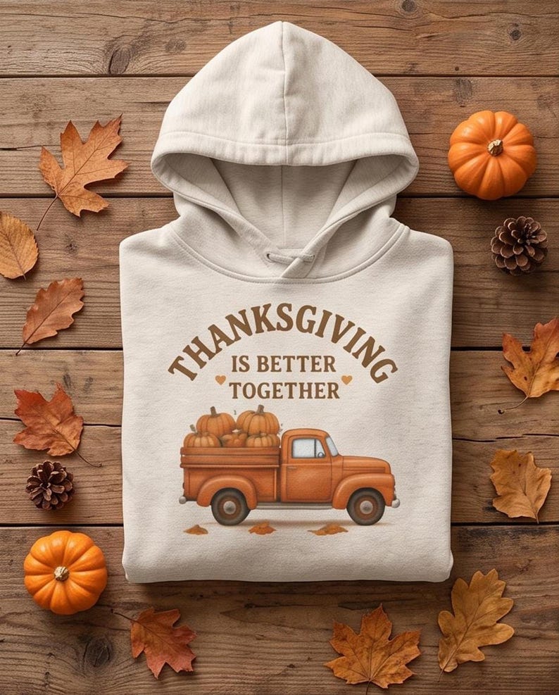 A cream-colored hooded sweatshirt with a Thanksgiving truck graphic is displayed flat on a wooden surface among pinecones, pumpkins, and autumn leaves.