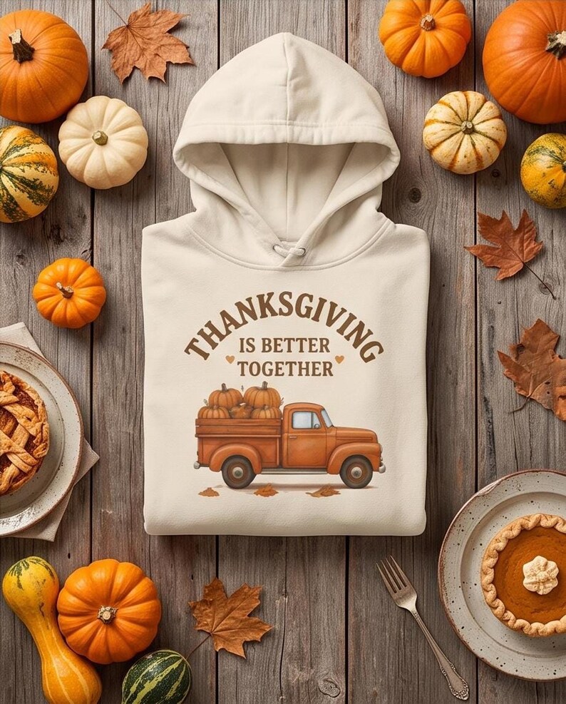 A cream-colored hoodie with a Thanksgiving truck graphic is displayed on a wooden board alongside pie, small pumpkins, and autumn leaves.
