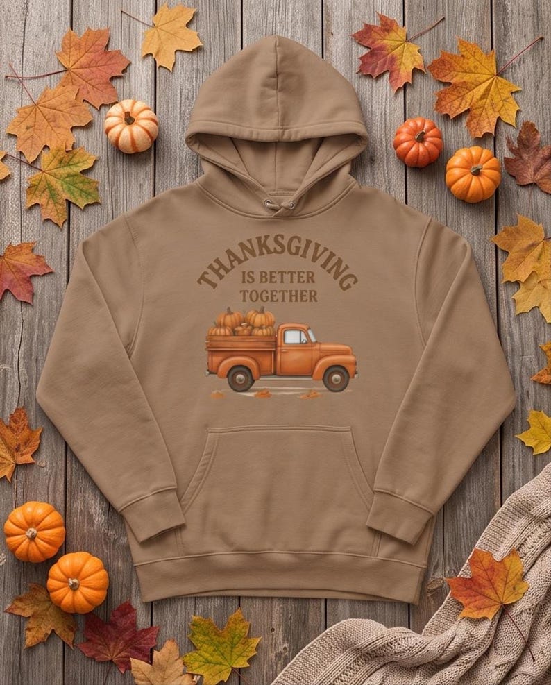 A tan hooded sweatshirt with a Thanksgiving truck graphic is laid flat on wooden boards with scattered small pumpkins and autumn leaves.
