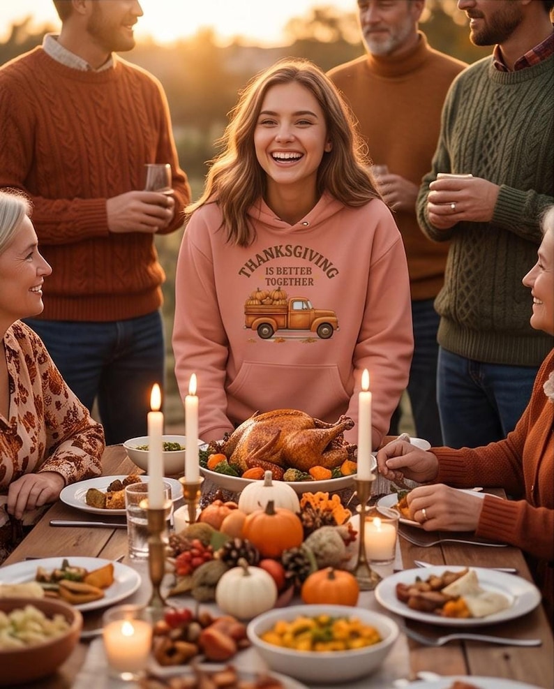 A woman wearing a pink hoodie with a Thanksgiving truck graphic smiles as she stands before a family Thanksgiving dinner table.
