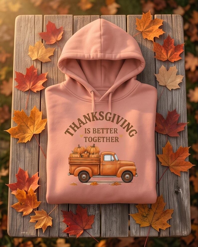 A folded pink hoodie with a Thanksgiving truck graphic is displayed on a wooden surface surrounded by scattered fall leaves.