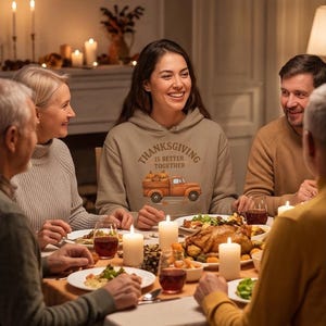 A woman wearing a tan hoodie with a Thanksgiving truck graphic smiles during a family dinner around a table lit by candles.