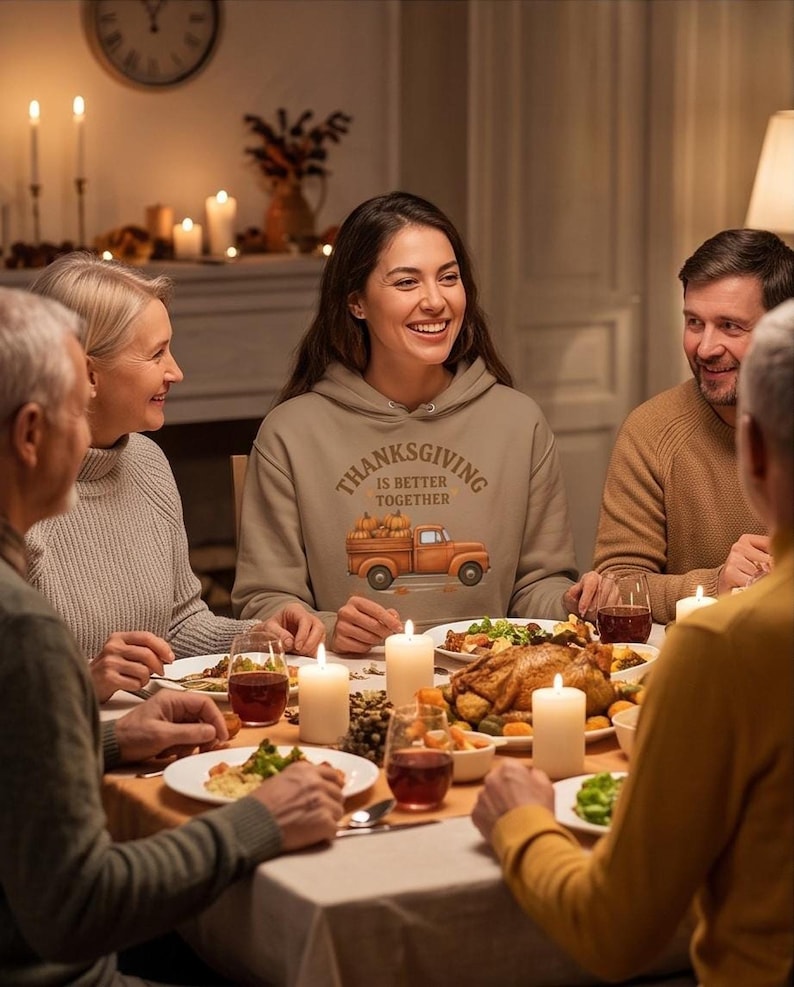 A woman wearing a tan hoodie with a Thanksgiving truck graphic smiles during a family dinner around a table lit by candles.