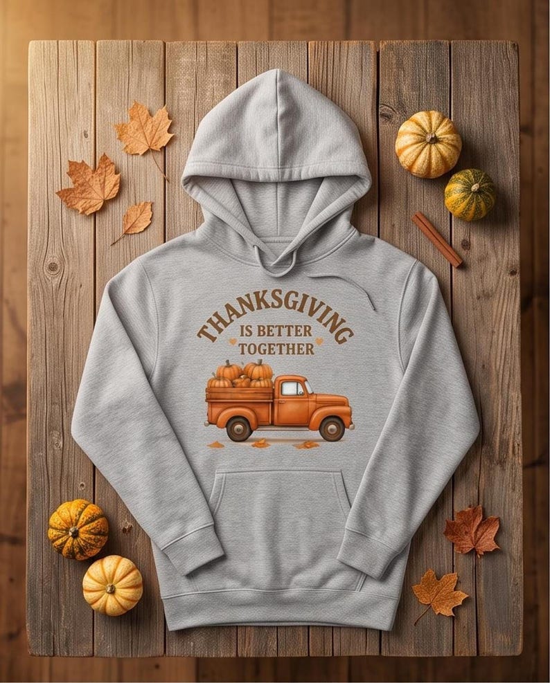 A grey hoodie with a Thanksgiving truck graphic is laid flat on a rustic wooden table with autumn leaves, small pumpkins, and cinnamon sticks.