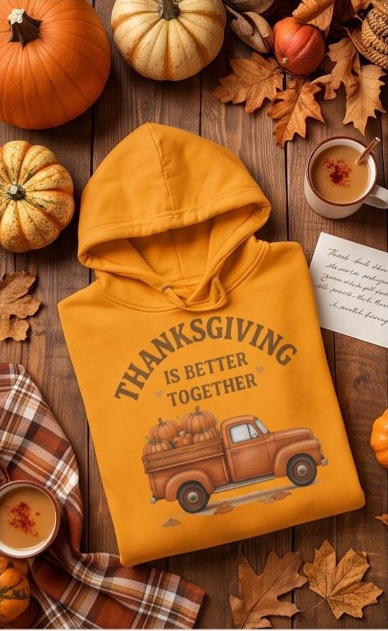 A yellow hoodie with a Thanksgiving truck graphic is arranged on a wooden surface with pumpkins, autumn leaves, mugs of cider, and a handwritten note.