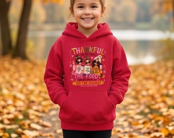 Thankful Kids Hoodie, 80% Cotton Blend Thanksgiving Graphic With Kangaroo Pocket