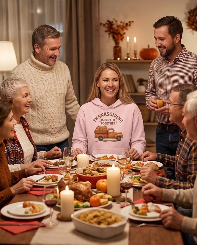 A smiling woman wearing a pink hoodie with a Thanksgiving truck graphic sits at a crowded family dinner table with lit candles and food.