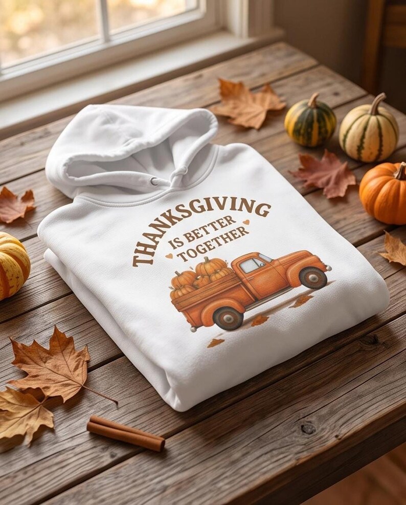 A folded white hoodie with a Thanksgiving truck graphic sits on a wooden surface with scattered autumn leaves and cinnamon sticks.