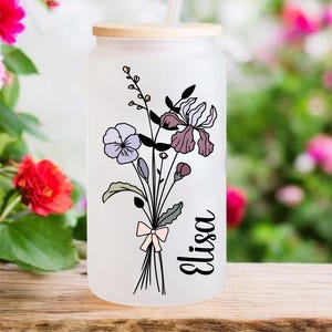 Personalized Colorful Birth Flower Tumbler, Custom Name Glass Cup, Bridesmaid Proposal Gift, Mother&#39;s Day Present, Birthday Gift for Her