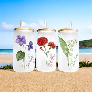 Custom Birth Flower Tumbler, Personalized Name Glass Cup, Bridesmaid Proposal Gift, Mother&#39;s Day Present, Birthday Gift for Her