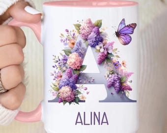 Custom Floral Initial Coffee Mug, Personalized Purple Flower Letter Gift (11oz 15oz)