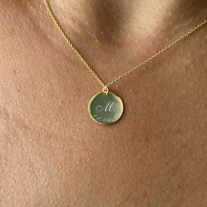 Engraved Initial 14K Gold Coin Necklace: Personalized Disc Pendant