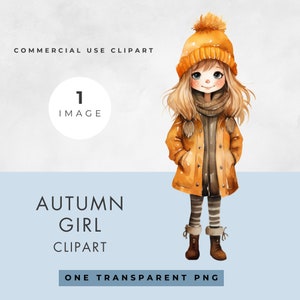 Clipart de niña de otoño, IMAGEN ÚNICA, linda caricatura de acuarela, uso comercial, PNG transparente, acuarela, caprichoso, descarga digital instantánea