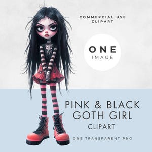 Goth Girl Clipart, SINGLE IMAGE, Whimsical, Commercial Use, Transparent PNG, Pink Black Gothic Doll, Halloween, Scrapbooking, Junk Journal