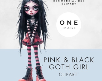 Pink & Black Goth Girl Clipart: Whimsical Transparent PNG Image (Commercial Use)