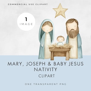 Kerststal clipart, ENKELE AFBEELDING, commercieel gebruik, transparante png, aquarel, Mary Joseph Baby Jesus, religieuze kerstillustratie