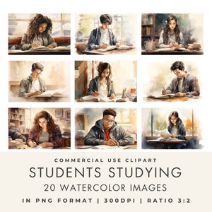 Estudiantes estudiando acuarela, clipart, uso comercial, adolescentes, niñas adolescentes, niños adolescentes, paquete PNG de adolescentes universitarios, descarga digital instantánea