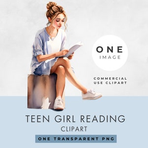 Tienermeisje leest clipart, ENKELE AFBEELDING, licentie voor commercieel gebruik, transparante png, aquarel, tiener zittend, instant digitale download