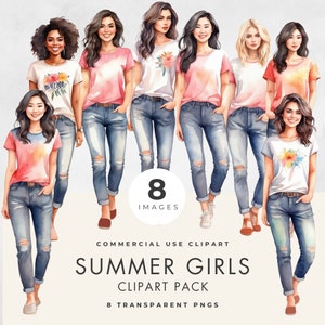 Clipart de niña adolescente, mujeres jóvenes, 8 IMÁGENES, uso comercial, PNG transparentes, damas de acuarela de verano, clip art de moda, descarga instantánea