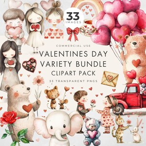 Valentines Day Clipart Bundle, Commercial Use, Transparent PNG, Watercolor, Love Clip Art, Cute Storybook Style People & Animals, Digital