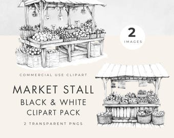 Black & White Farmers Market Stall Clipart, Commercial Use, Transparent PNG, Locally Grown, Fresh off the Market, Card Making, Paper Crafts