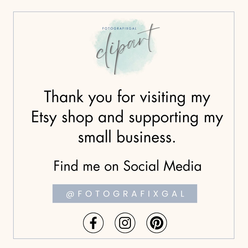 Op de afbeelding: Een bedankbericht voor het bezoeken van een Etsy-winkel en het steunen van een klein bedrijf. Het bericht bevat de winkelnaam "FOTOGRAFIXGAL" en social media-iconen voor Facebook, Instagram en Pinterest.