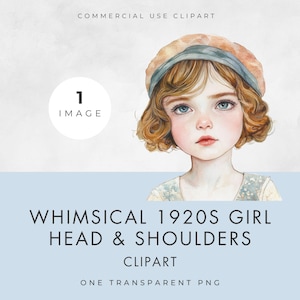 1920s Girl Clipart, SINGLE IMAGE, Commercial Use, Transparent PNG, Watercolor, Whimsical Face of 20s Child, Vintage Era, Paper Crafts