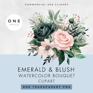 Clipart de flores rosa e esmeralda, IMAGEM ÚNICA, Uso comercial, PNG transparente, Aquarela, Flores verde-blush, Buquê, Download instantâneo