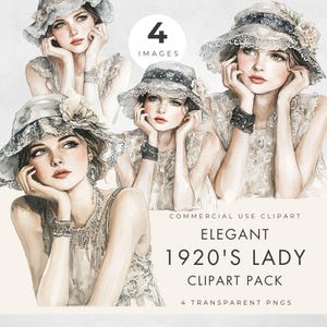 Roaring 20s Clipart, Watercolor, Commercial Use, Transparent PNG, 1920s Lady, Twenties Vintage Woman Junk Journal, Scrapbooking, Paper Craft
