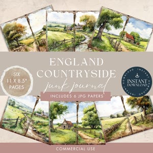 England Landschaft im Sommer Junk Journal Seiten, 6 digitale Papiere, Aquarell, Printable Paper Craft, Scrapbooking 11x8.5, Instant Download