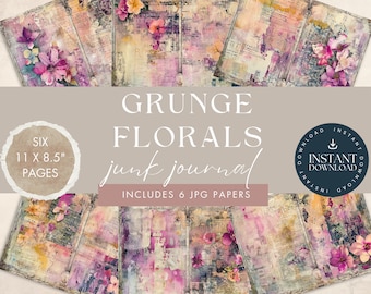 May include: Six digital papers featuring grunge floral designs in shades of pink, purple, and white. The papers are 11 inches by 8.5 inches and are perfect for junk journaling.