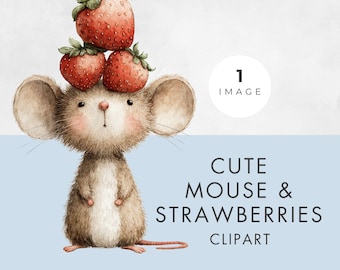 Mouse and Strawberry Clipart – Woodland Animal PNG Illustration for Commercial Use