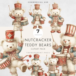 May include: Watercolor illustration of seven teddy bears dressed as nutcrackers. Each bear wears a red and blue uniform with a tall hat and holds drumsticks. The bears are playing drums. Text reads "Nutcracker Teddy Bears Clipart Pack".