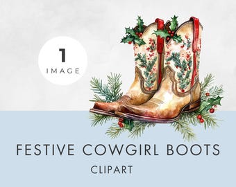 Watercolor Christmas Cowgirl Boot Clipart: Holly Western Transparent PNG (Commercial Use)