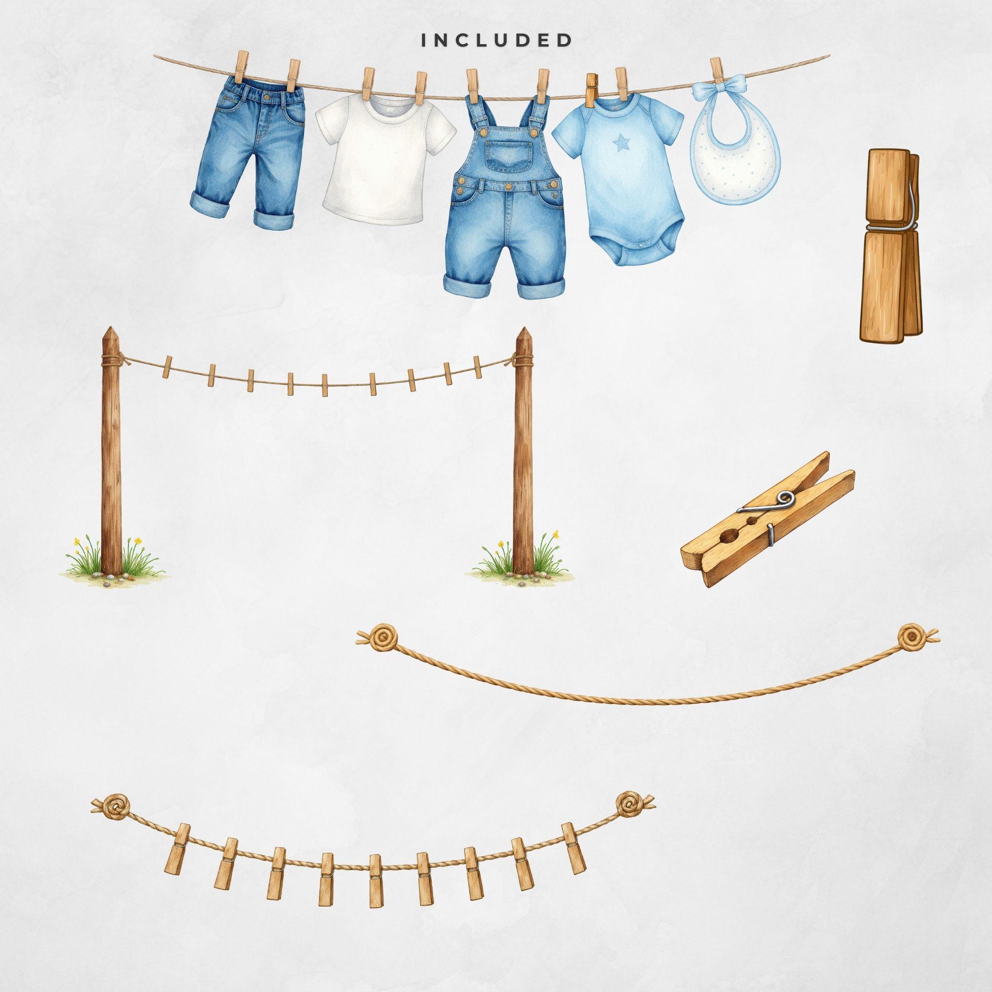 Blue Jean Baby Nursery Clipart Bundle, Watercolor Transparent PNG & JPG ...