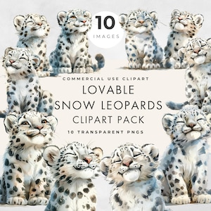 Imágenes prediseñadas de leopardo de las nieves, uso comercial, PNGS transparentes, adorables animales árticos, decoración linda de la guardería, imágenes prediseñadas de baby shower, gato, acuarela