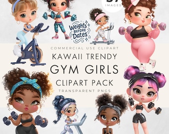 Imágenes prediseñadas de chicas de gimnasio Kawaii: Gráficos PNG transparentes de fitness de moda (uso comercial) Descarga digital