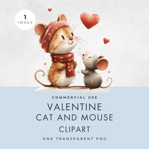 Gato y ratón de San Valentín, IMAGEN ÚNICA, Uso comercial, PNG transparente, Lindos animales enamorados de San Valentín, Acuarela, Descarga digital