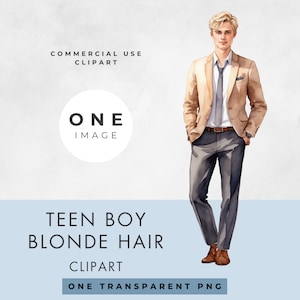 Clipart tiener, ENKELE AFBEELDING, commercieel gebruik, transparante PNG, aquarel, tiener blond haar jonge man, Instant Digitale Download