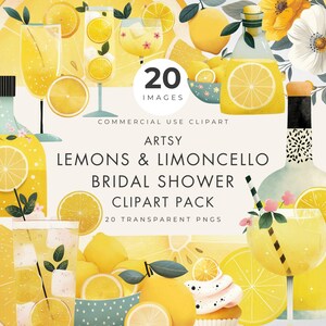 Clipart de chá de panela com limões e limoncello, PNGs de festa cítrica de verão, gráficos artísticos de limão, uso comercial, 20 imagens transparentes