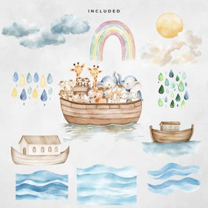 May include: Watercolor illustration featuring a wooden ark filled with pairs of animals, a rainbow, sun, clouds, and raindrops. The word "INCLUDED" is at the top. The image has a soft, pastel color palette, suitable for nursery decor or children's art.