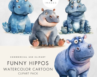 Quirky Hippo Clipart, Cartoon, 4 IMAGES, Commercial Use, Transparent PNG, Storybook Illustrations, Cute Safari, Jungle, Instant Download