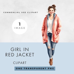Tienermeisje clipart, ENKELE AFBEELDING, licentie commercieel gebruik, transparante png, jonge vrouw, rode jas tiener, mensen illustraties, digitale download
