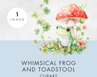Frog and Toadstool Clipart – Whimsical PNG Illustration with Transparent Background, Commercial Use