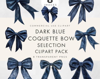 Blue Bow Clipart, Commercial Use, Transparent PNGs, Dark Blue Coquette, Mixed Media, Ribbon, Wedding, Birthday, Journalling, Paper Crafts